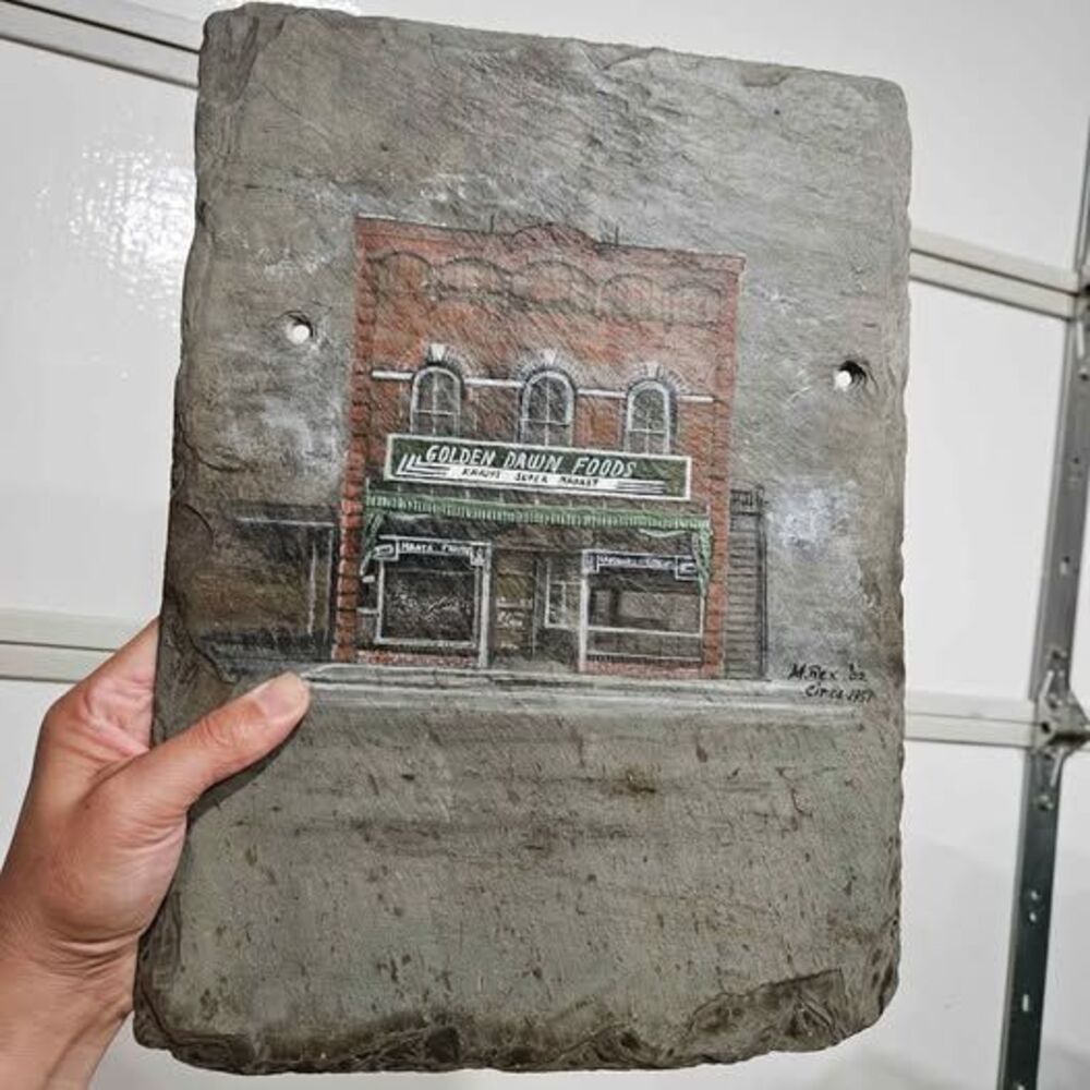 Hand-painted slate art Golden Dawn Foods Krauss Super Market M. Rex '82
